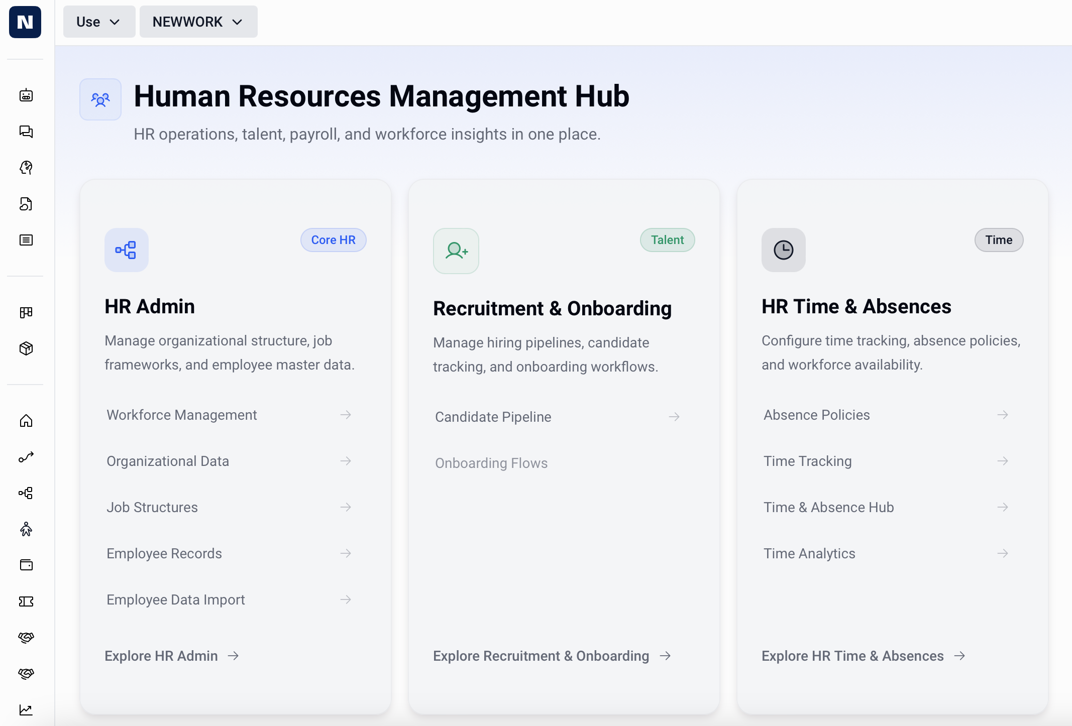 HR+ Human Resources Management Hub showing HR Admin, Recruitment & Onboarding, and HR Time & Absences